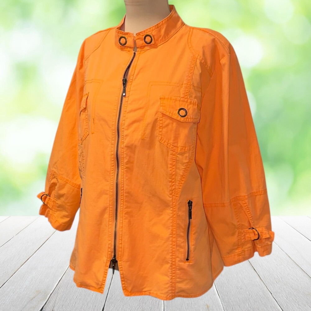 CHICOS Utility Cargo Jacket Tangerine Zip Pocket Cotton 3/4 Sleeves Size 3 (XL)